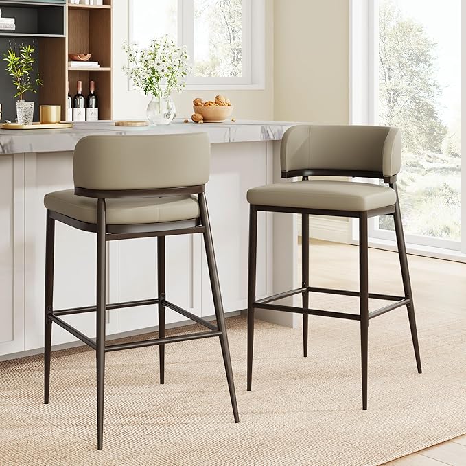 Christopher Knight Home Ebany Barstools Set of 2, Metal Frame Counter Stools, Upholstered Kitchen Chair, Curved Back Support Bistro Chairs, 30" H Island Stool for Dining Kitchen Cafeteria, Khaki