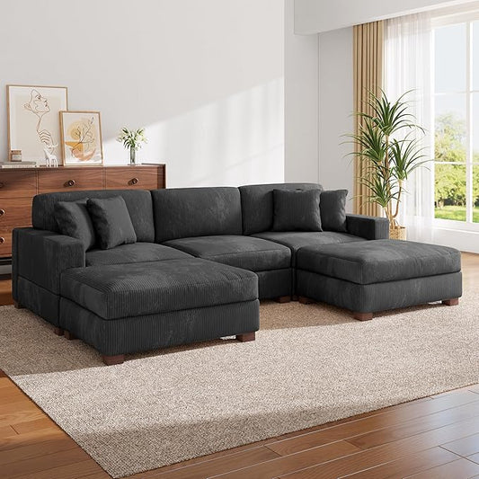 Modular Sectional Couches for Living Room, 118" Modern Upholstered Sofa Couche with Ottoman for Living Room Bedroom, Grey