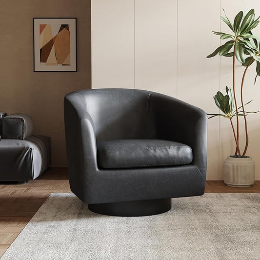 Lumibee Swivel Accent Chair, Faux Leather Swivel Barrel Chair for Living Room, Modern Comfy Upholstered Round Armchair Single Sofa Chair for Bedroom, Club-Black