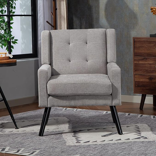 Mid-Century Modern Accent Chair, Plush Linen Fabric with Button Tufted High Back & 5" Thick Cushion, High Comfort Reading Chair for Living Room, Bedroom, Office (Light Gray)