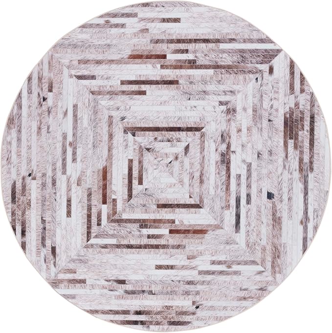 SAFAVIEH Washable Rug Faux Hide Collection - 8' Round, Beige & Brown, Slip Resistant, Western Rustic Decor, Printed Pattern, Ideal for Living Room, Bedroom, Home Office, Dining Space (FAH526A)