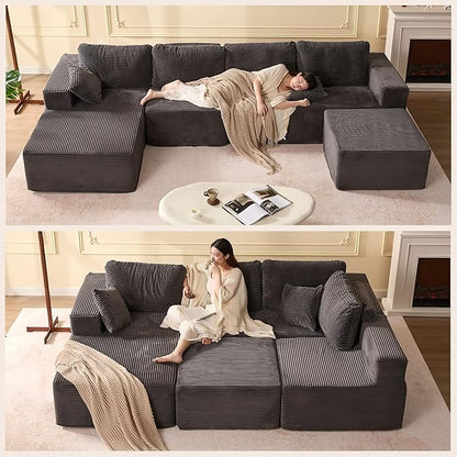 138" Boneless Couch with Deep Seat, Modular Sectional Sofa, Cloud Sectional Couch for Living Room, No Assembly Required, Corduroy, U-Shape 4 Seater Left, Gray