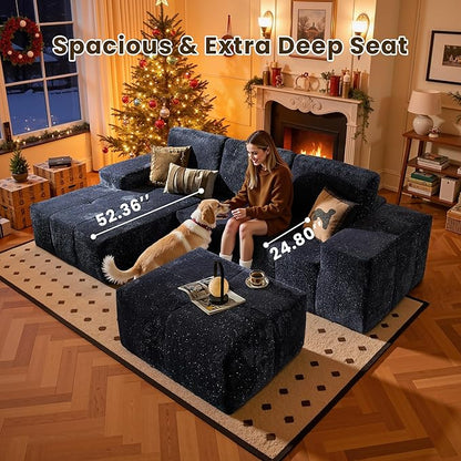 114" Glitter Cloud Sectional Couch with L-Shape Chaise & Ottoman, Modern Boneless Couches for Living Room, Fluffy Tufted Deep Seat Modular Sofa No Assembly (Blue Sparkly Velvet,Left Facing)