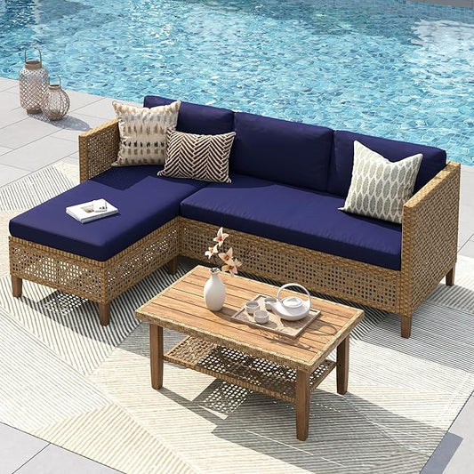 PHI VILLA Wicker Patio Furniture Set, Sectional Outdoor Sofa with Cushions and Acacia Wood Coffee Table, L-Shaped Small Patio Conversation Set, Navy Blue