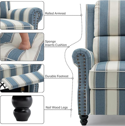 Recliner Chair Set of 2, Modern Pushback Armchair with Adjustable Backrest & Footrest for Bedroom, Living Room-Navy Blue Stripe