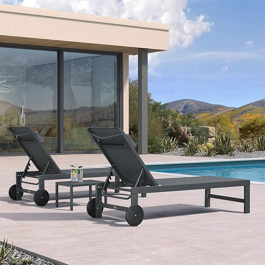 PURPLE LEAF Patio Lounge Chair Set of 3 Outdoor Chaise Lounger Aluminum Frame with Side Table and Wheels for Pool Outside Sunbathing Tanning Recliner Including Pillows Gray