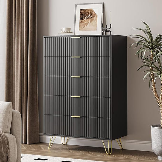 5 Drawers Dresser for Bedroom, 47" Tall Modern Chest of Drawers with Gold Handle, Fluted Wood Dresser for Bedroom, Living Room, Hallway, Entryway, Black