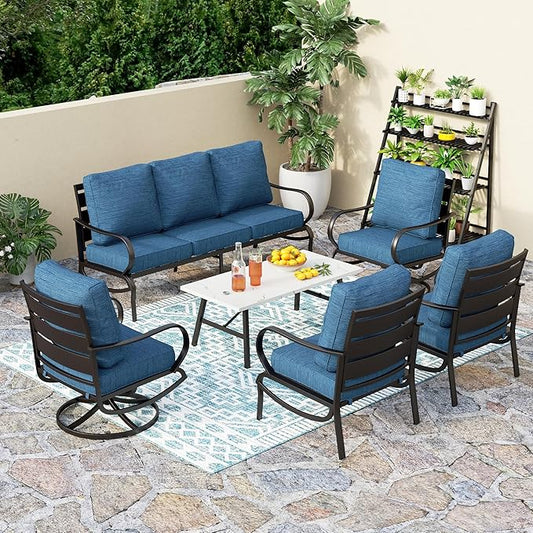 PHI VILLA 6 Piece Patio Furniture Sets with 1 x 3-Seat Wide Deep Seating Bench, 2 x Swivel Cushioned Sofa Chairs, 2 x Leg Sofa & 1 x Coffee Table, Outdoor Furniture Set for 7 Person, Peacock Blue