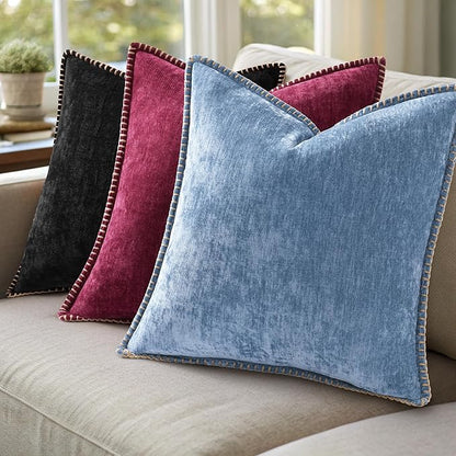 decorUhome Christmas Chenille Soft Throw Pillow Covers 22x22 Set of 2, Farmhouse Velvet Neutral Decorative Euro Pillow Covers with Stitched Edge for Couch Sofa Bed Home Decor, Rhododendron