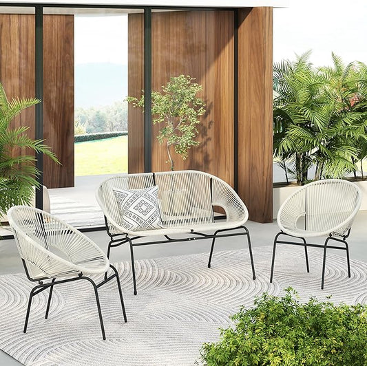 Christopher Knight Home Dessa 3 Piece Patio Furniture Set, Patio Wicker Accent Chair Set of 2 and Loveseat, Metal Frame 4 Seater Outdoor Papasan Lounge Chair Set, PE Rattan Outdoor Bistro Set, White