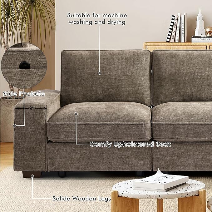 TEKAMON 73" Modular Sofa Couch with Seat Storage, Comfy 2-Seater Chenille Fabric Loveseat Sofa for Living Room, Office, Apartment W/Deep Seat, Wide Armrest, USB Charing Removable Cover(Brown)