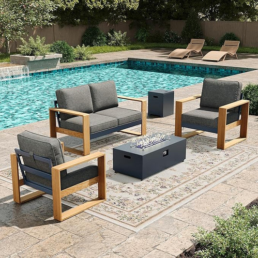 LayinSun 4 Pieces Aluminum Patio Furniture Set with Fire Pit Table, Oversized Seat with Hight Back, Outdoor Conversation Sets for Porch, Balcony, Deck