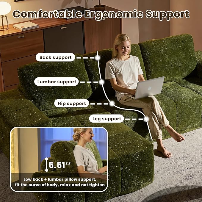 114" Glitter Cloud Sectional Couch with L-Shape Chaise & Ottoman, Modern Boneless Couches for Living Room, Fluffy Tufted Deep Seat Modular Sofa No Assembly (Green Sparkly Velvet,Left Facing)
