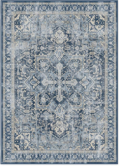 RUGGABLE Washable Area Rug – Kamran Admiral Blue 10x14, Stain-Resistant, Non-Slip – Large Machine Washable Rugs for Living Room, Bedroom, Hallway, Entryway & Office–with Cushioned Pad
