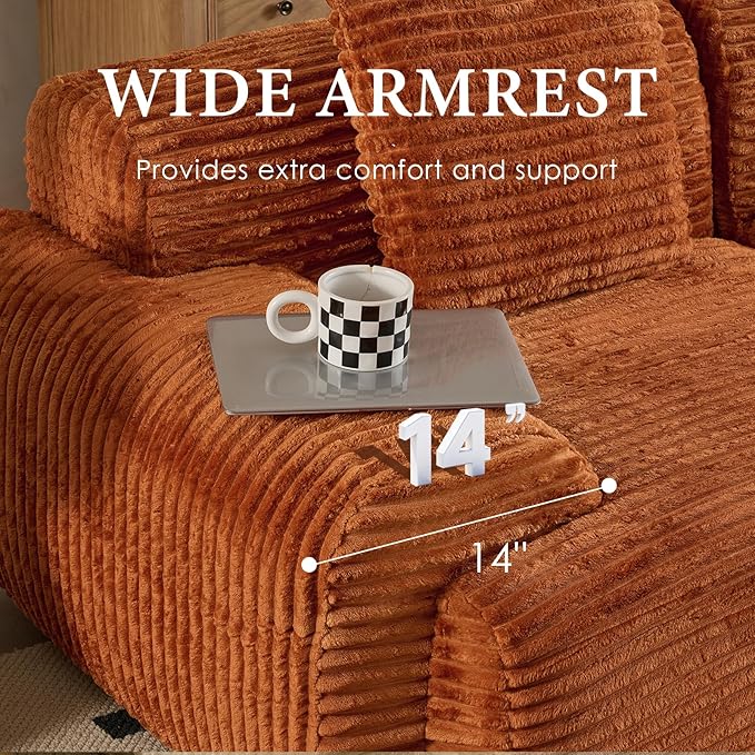 VK·LIVING 113" Cloud Sectional Couch, 61.6" Deep Seat Boneless Modular Sofa with Wide Armrests, Plush Corduroy Memory Foam Couch for Living Room, No Assembly, Orange