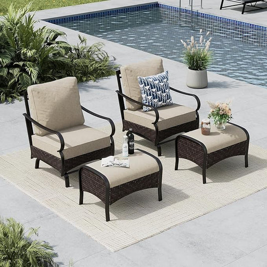 MFSTUDIO 4 Pieces Outdoor Patio Furniture Set, Metal Outdoor Conversation Sofa, Rattan Wicker Patio Sectional Sofa Set with 2 x Rocking Single Sofa, 2 x Ottoman, Beige