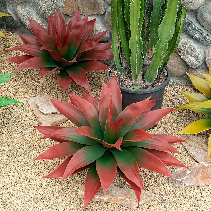 Artificial Agave Plants,Large UV Resistant Fake Agave Planters for Indoor and Outdoor Decorating Tropical Plant Succulents Greenery Indoor Decor (2Pack,18" Red)