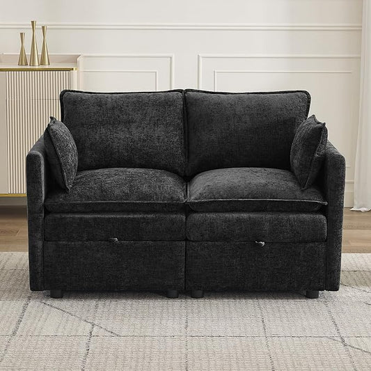 55" Cloud Modular Loveseat Sofa with Storage, Modern Upholstered Sofa Couch Small Love Seat，2 Seater Chenille Comfy Sectional Sofa with Armrests for Living Room, Small Space, Black
