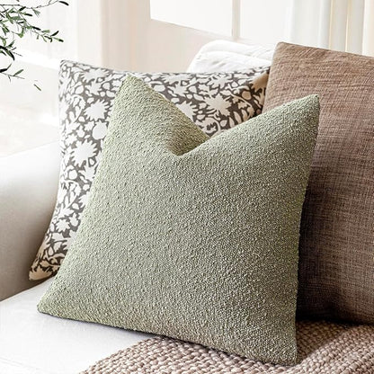 Foindtower Pack of 2 Textured Boucle Throw Pillow Covers Accent Solid Pillow Cases Cozy Soft Decorative Couch Cushion Case for Chair Sofa Bedroom Living Room Home Decor 18x18 Inch Dirty Sage Green