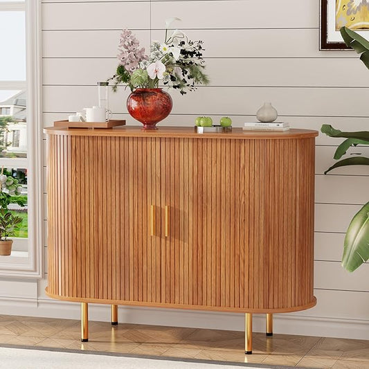DHH Storage Cabinet, Fluted Sideboard Buffet Cabinet with Tambour Sliding Doors& Adjustable Shelf, Accent Coffee Bar Console Table for Kitchen, Living Room, Entryway (Yellow walnut40 Inch)