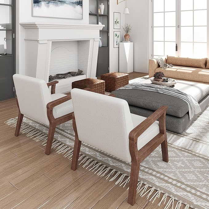 HNY Mid Century Armchair with Wood Frames, Linen Upholstered Living Room Arm Chair, for Living Room, Bedroom, Ivory