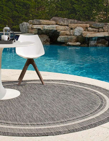 Unique Loom Outdoor Border Collection Area Rug - Soft Border (4' 1" Round, Black/ Ivory)