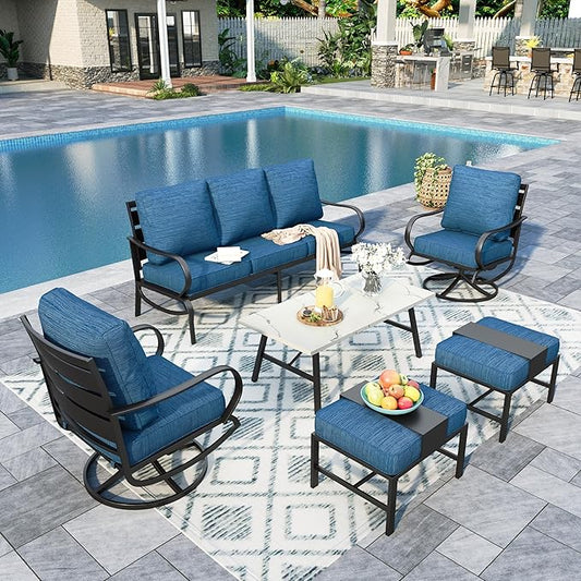 Sophia & William Patio Furniture Sets 6 Pcs Outdoor Conversation Set for 7,2 x Cushioned Swivel Sofa Chairs,1 x 3-Seat Sofa,2 Ottomans, Marbling Metal Coffee Table Backyard Poolside Peacock Blue