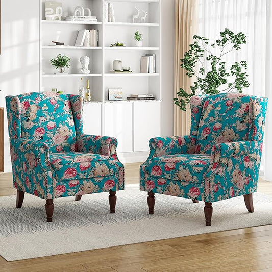 Pia Ricco Set of 2 Floral Accent Chairs, High Back Upholstered Armchairs with Retro Wingback Design, Nailhead Trim & Solid Wood Legs for Living Room Bedroom(Peacock Blue)