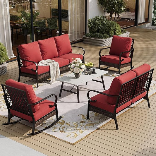 5 Piece Metal Outdoor Patio Furniture Set, Patio Conversation Set with 3-Seater Sofa, Loveseat, 2 Rocking Sofa (5.75" Thick Cushion) & Coffee Table Black Backyard Furniture, Rust Red