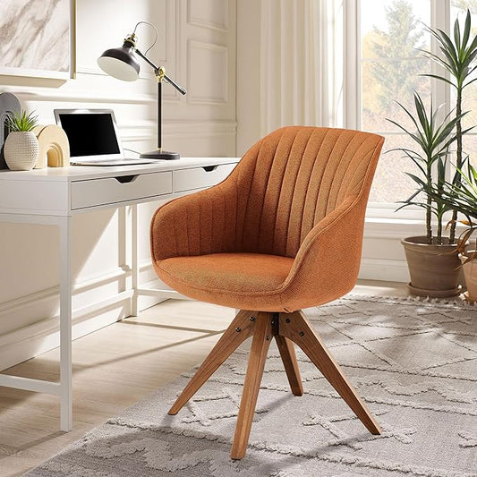 Zouron Mid Century Modern Accent Chair with Oak Wood Legs, Upholstered Swivel Chair No Wheels, Side Accent Armchair Vanity Chair for Small Space Home Office Living Room Bedroom, Caramel