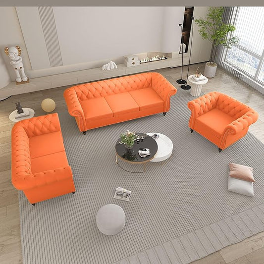 Velvet Sofa Couches Set, 3-Piece Mid Century Modern Upholstered Couch with Cushions, Home Sofa Sectional Furniture Sets, Comfy Tufted Chesterfield Couches for Living Room, Bedroom, Office