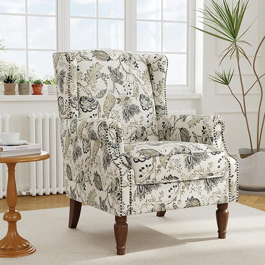 Accent Chair, Upholstered High Back Floral Armchair with Nailhead Trim & Wood Legs, Comfy Wingback Reading Single Sofa Chair for Small Spaces, Living Room, Bedroom ( Plants Beige Floral, Set of 1)
