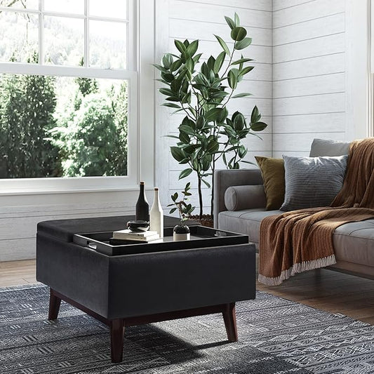 SIMPLIHOME Owen 34 inch Wide Mid Century Modern Rectangle Tray Top Small Coffee Table Storage Ottoman in Distressed Black Vegan Faux Leather, Assembled, for the Living Room, Entryway and Family Room