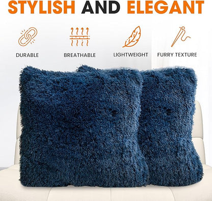 Cheer Collection Throw Pillows for Couch and Bed, Soft Shaggy Throw Pillows with Inserts Included, Cozy Long Hair Faux Fur Pillows - Set of 2-18" x 18" - Navy Blue