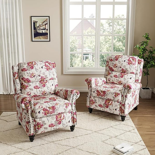 Pushback Recliner Chairs Set of 2, Upholstered Armchair Wingback Recliner Chair, Floral Fabric Push Back Recliner with Wood Legs, Rivet Trim Single Sofa Accent Chair for Living Room, Pattern White