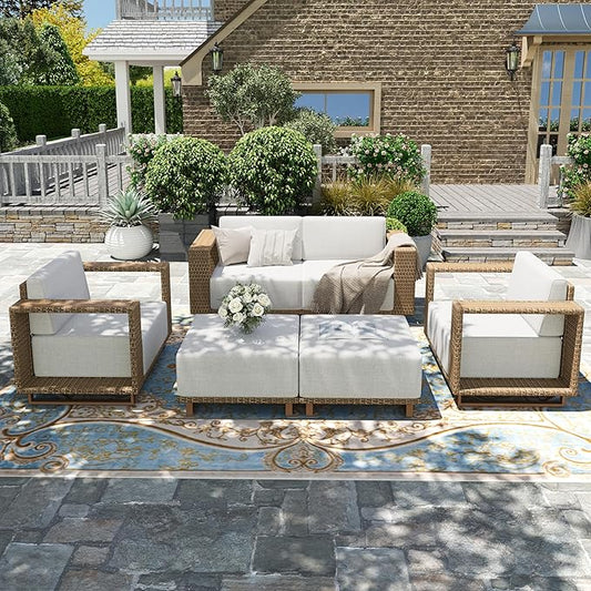 HERA'S HOUSE 6 Pieces Patio Furniture Set, 4 Sectional Outdoor Rattan Wicker Sofas with 2 Ottomans, All Weather Patio Conversation Set with 5.3" Widened Armrest, 10" Ultra Thick Cushion for Deck