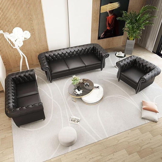 Faux Leather Sofa Couches Set, Modern Comfy Upholstered Couch with Cushions, Home Sofa Sectional Furniture Sets, 3-Piece Mid Century Tufted Chesterfield Couches for Living Room, Bedroom, Office