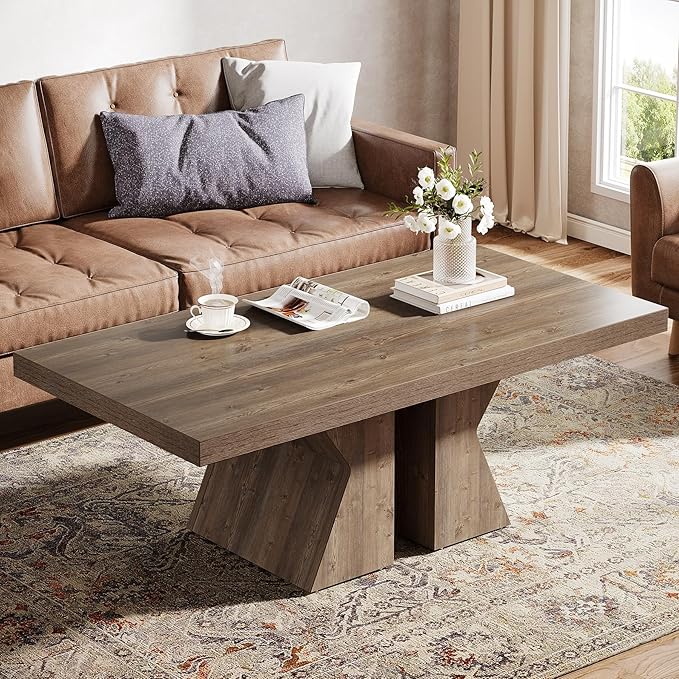 Tribesigns Wood Coffee Table, 47-Inch Rectangular Center Table with Thick Wooden Base, Farmhouse Wood-Look Cocktail Table for Living Room (Brown)