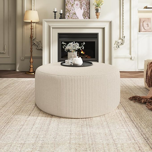 Christopher Knight Home GAVI 30" Ottoman Foot Stool, Corduroy Pouf Footstool Ottoman Seat, Upholstered Foot Chair, Round Footrest, Modern Side Table for Living Room Bedroom Home Decor, Beige