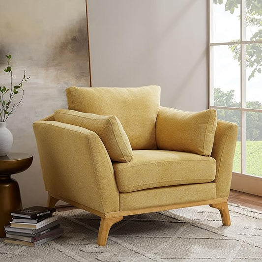 VANOMi Large-Sized Accent Chair, Thick Cushion Bedroom Reading Chair, Comfortable Living Room Single Sofa, Linen Yellow
