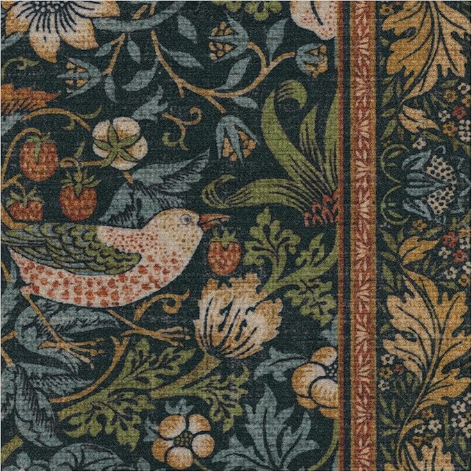 RUGGABLE x Morris & Co Washable Area Rug – Strawberry Thief Indigo 3x5, Stain-Resistant, Non-Slip – Small Machine Washable Rugs for Living Room, Bedroom, Hallway, Entryway & Office–with Standard Pad