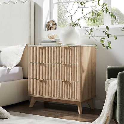 T4TREAM Fluted 3 Drawer Dresser, 32" Tall Modern Chest of Drawers with Faux Marble Top, Curved Profile Design, Wood Drawer Organizer for Bedroom, Living Room, Hallway, Entryway, Natural Oak