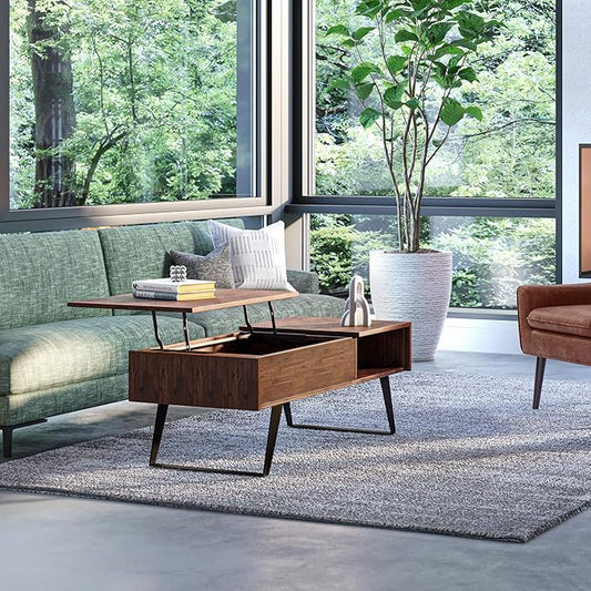 SIMPLIHOME Lowry Lift Top Coffee Table - 48 inch Wide Solid Acacia Wood and Metal Living Room Table in Distressed Charcoal Brown, Modern Industrial Cocktail Table with Hidden Storage and Open Shelf