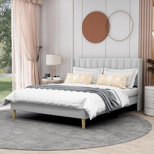 AGARTT Upholstered Platform Bed Frame Queen Size with Headboard and Footboard/Wooden Slats Support/No Box Spring Needed/Easy Assembly,Light Grey Linen