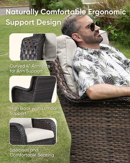 HUMMUH 6-Piece Outdoor Wicker Patio Furniture Set with Swivel Glider Chairs, 3-Seat Sofa & Ottomans 5” Olefin Cushions Ergonomic Neck-Lumbar Backrest All-Weather Rattan for Garden, Deck, Porch