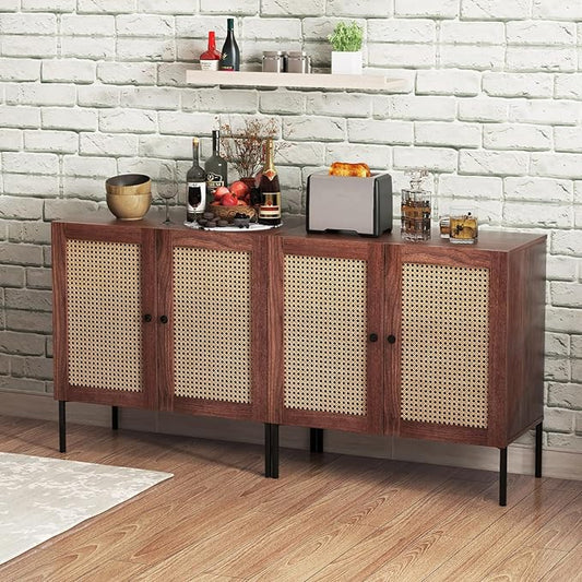 COSTWAY Buffet Cabinet with Storage, Storage Sideboard with Rattan Decorated Doors, Adjustable Shelf, Metal Legs, Accent Cabinet, Buffet Table Credenza for Hallway, Entryway, Living Room (2, Walnut)