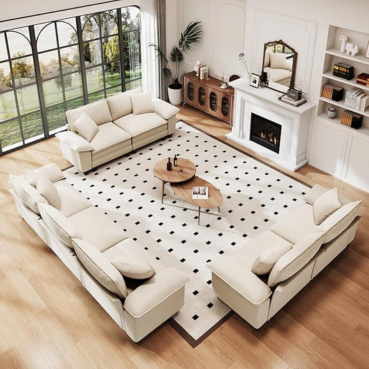 PHI VILLA Cloud Modular Couches Sets, 3 Pieces Large Sectional Sofa Set with Loveseats, 7-Seater Upholstered Couch for Living Room, Chenille Fabric, Beige