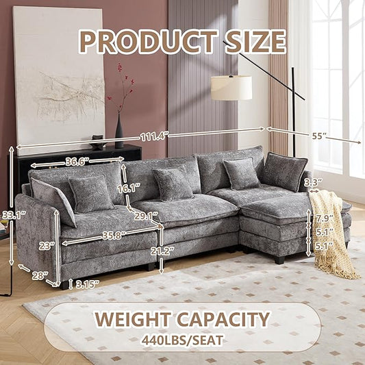 Plush Modular Cloud Sofa Set with Ottoman | L/U-Shaped Deep Seating Chenille Sectional for Family Living Room