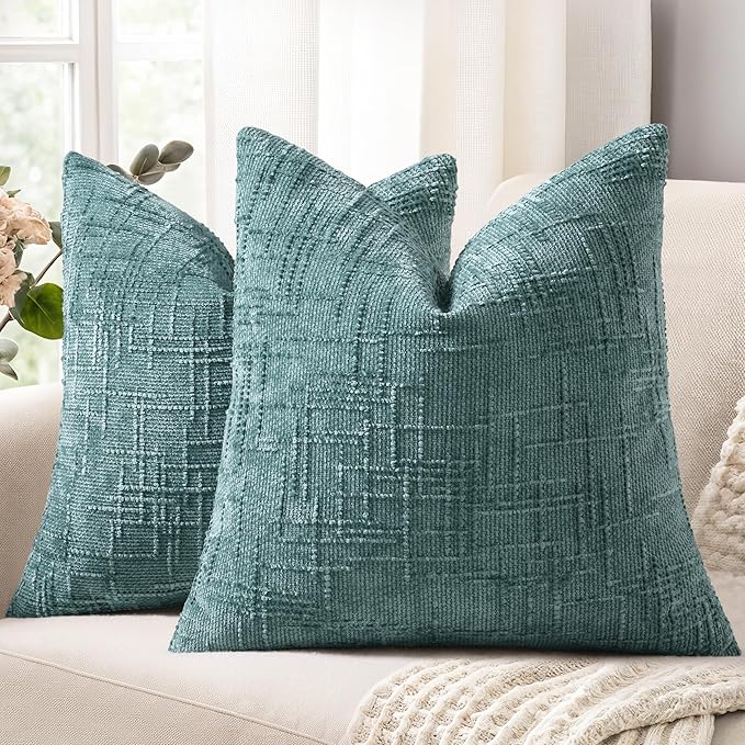 decorUhome Teal Chenille Throw Pillow Covers 26x26 Set of 2 Thick Textured Slubby Couch Pillow Covers Farmhouse Accent Modern Neutral Decorative Pillow Cases for Bed Sofa Living Room