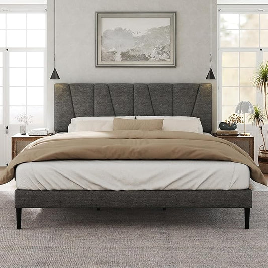 Queen Size Bed Frame with Fabric Upholstered Headboard, Platform Bed with Wooden Slats Support, Fully Mattress Foundation, Box Spring Optional, Easy Assembly